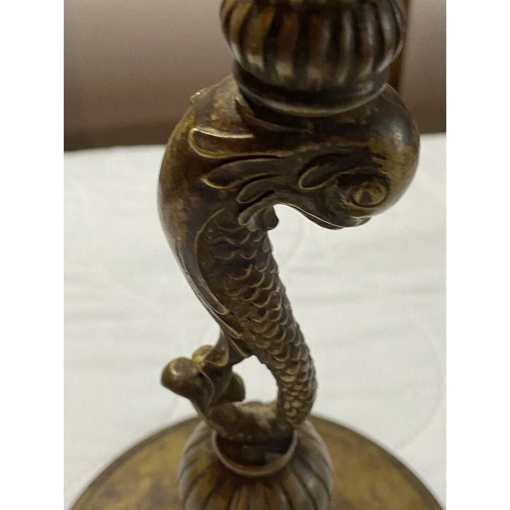 Brass Candle Holder With Koi Fish Vessel Unique Vintage With Patina